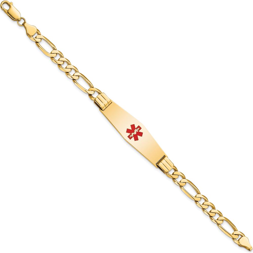 14K Yellow Gold Medical Alert Bracelet with Red Enamel and Polished Figaro Chain - 7" Length by Oro Pregiato