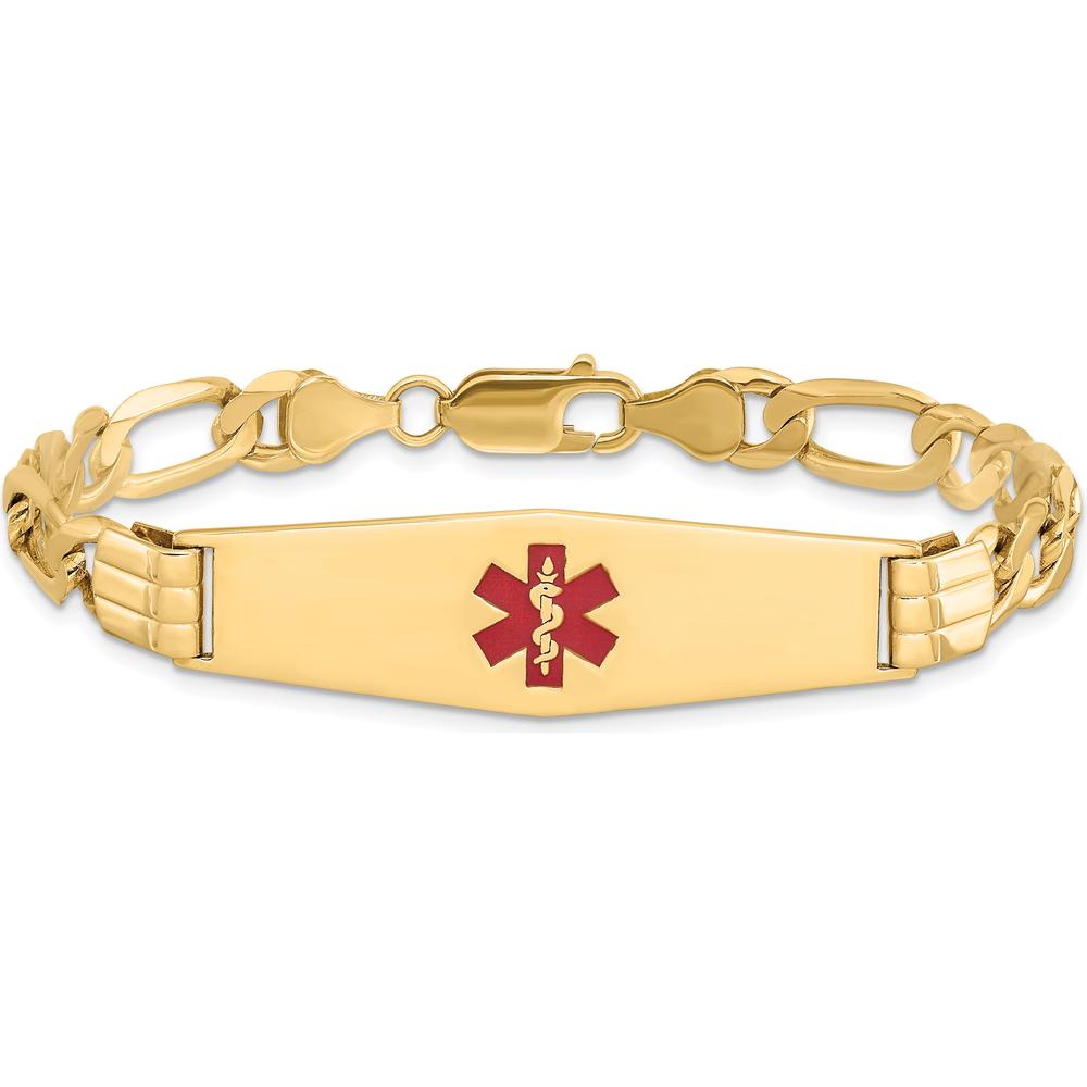 14K Yellow Gold Medical Alert Bracelet with Red Enamel and Polished Figaro Chain - 7" Length by Oro Pregiato