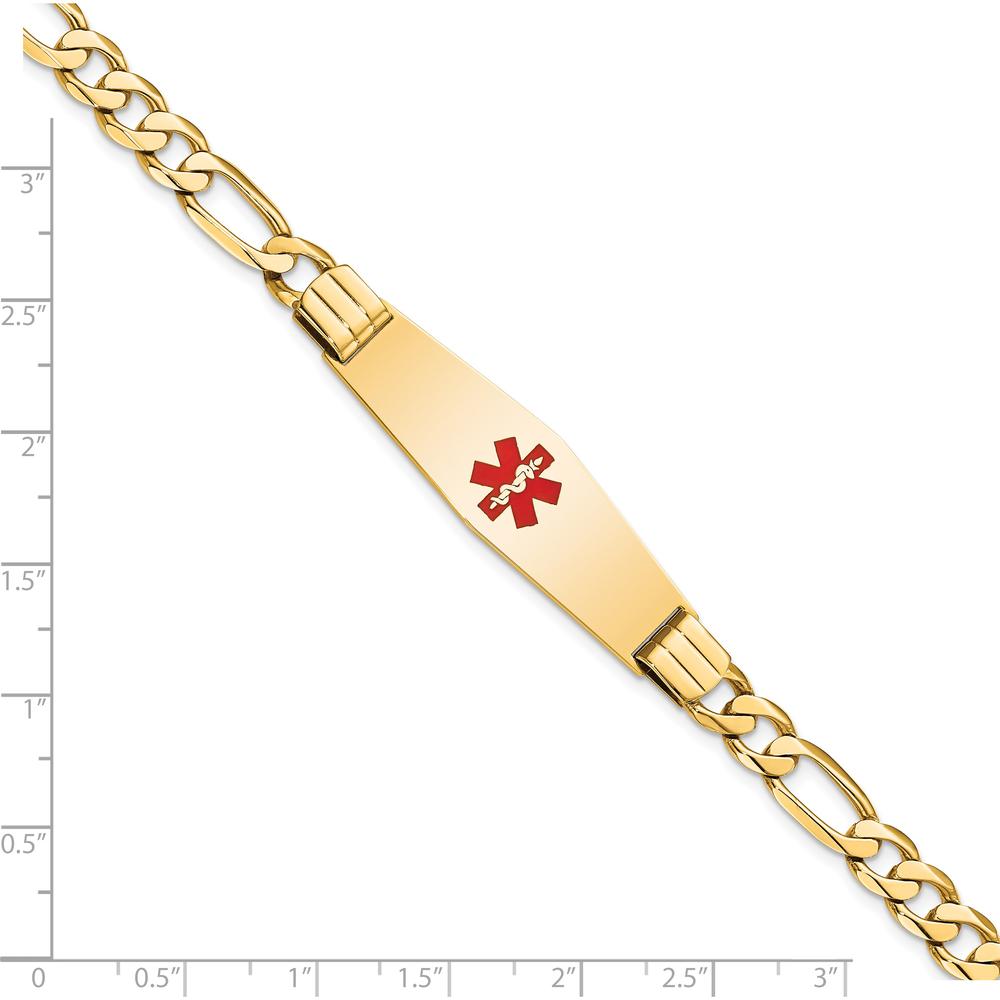 14K Yellow Gold Medical Alert Bracelet with Red Enamel and Polished Figaro Chain - 7" Length by Oro Pregiato