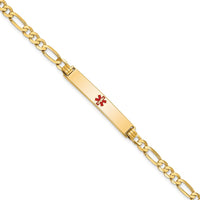 14K Yellow Gold Medical Alert Bracelet with Red Enamel and Polished Figaro Link Chain - 7" Length by Oro Pregiato