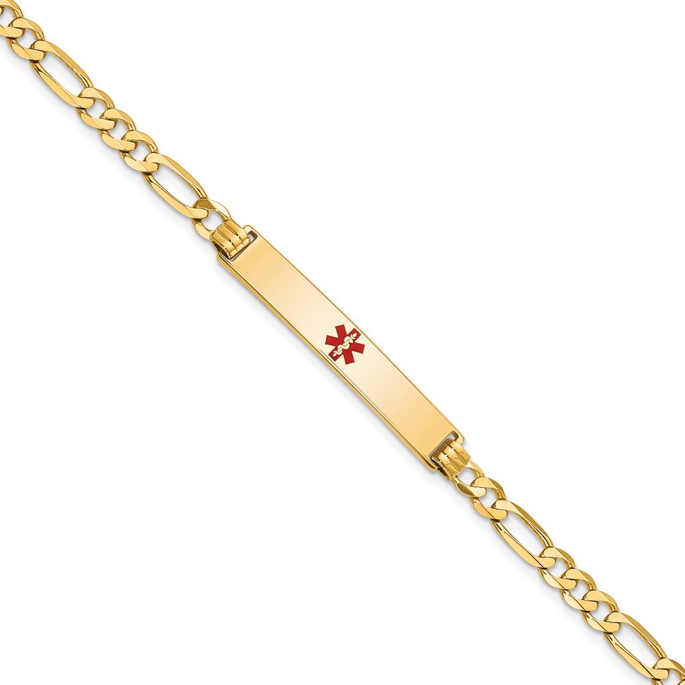 14K Yellow Gold Medical Alert Bracelet with Red Enamel and Polished Figaro Link Chain - 7" Length by Oro Pregiato