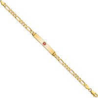 14K Yellow Gold Medical Alert Bracelet with Red Enamel and Polished Figaro Link Chain - 7" Length by Oro Pregiato