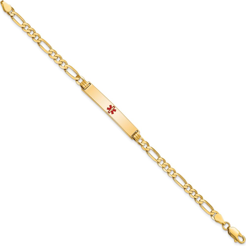 14K Yellow Gold Medical Alert Bracelet with Red Enamel and Polished Figaro Link Chain - 7" Length by Oro Pregiato