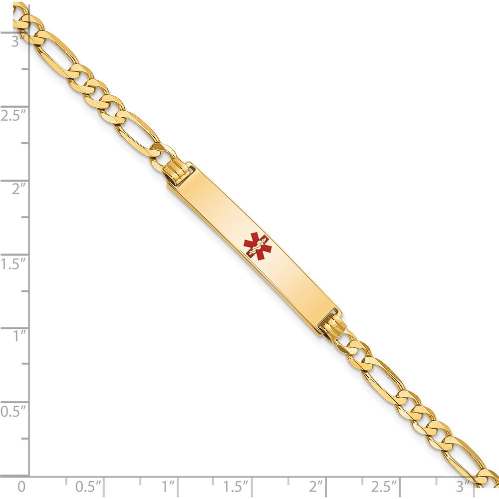 14K Yellow Gold Medical Alert Bracelet with Red Enamel and Polished Figaro Link Chain - 7" Length by Oro Pregiato