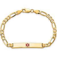 14K Yellow Gold Medical Alert Bracelet with Red Enamel and Polished Figaro Link Chain - 7" Length by Oro Pregiato