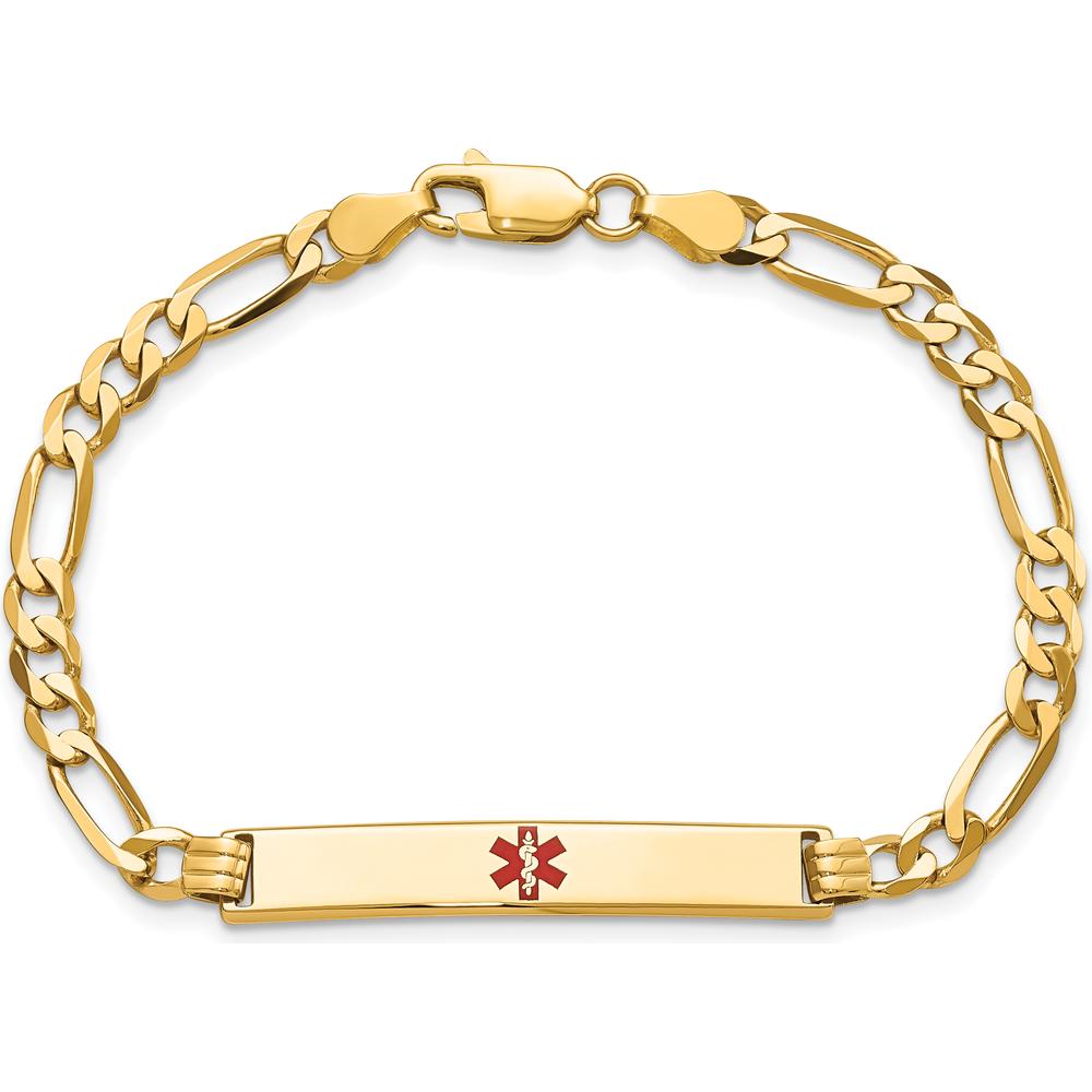 14K Yellow Gold Medical Alert Bracelet with Red Enamel and Polished Figaro Link Chain - 7" Length by Oro Pregiato