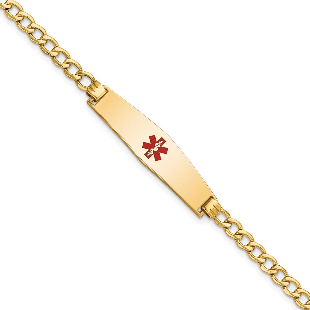 14K Yellow Gold Medical Alert Bracelet with Red Enamel Center Plate and Curb Link Chain - 8" Length by Oro Pregiato