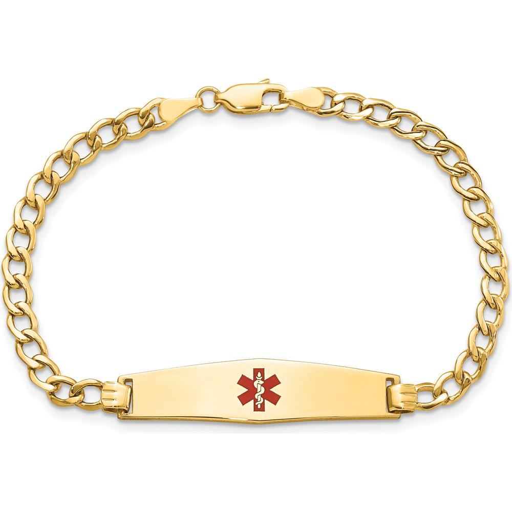 14K Yellow Gold Medical Alert Bracelet with Red Enamel Center Plate and Curb Link Chain - 8" Length by Oro Pregiato