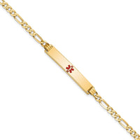 14K Yellow Gold Medical Alert Bracelet with Red Enamel Centered Charm and Figaro Chain - 8" Length by Oro Pregiato