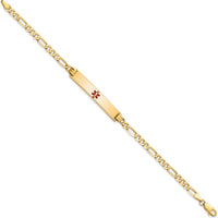 14K Yellow Gold Medical Alert Bracelet with Red Enamel Centered Charm and Figaro Chain - 8" Length by Oro Pregiato
