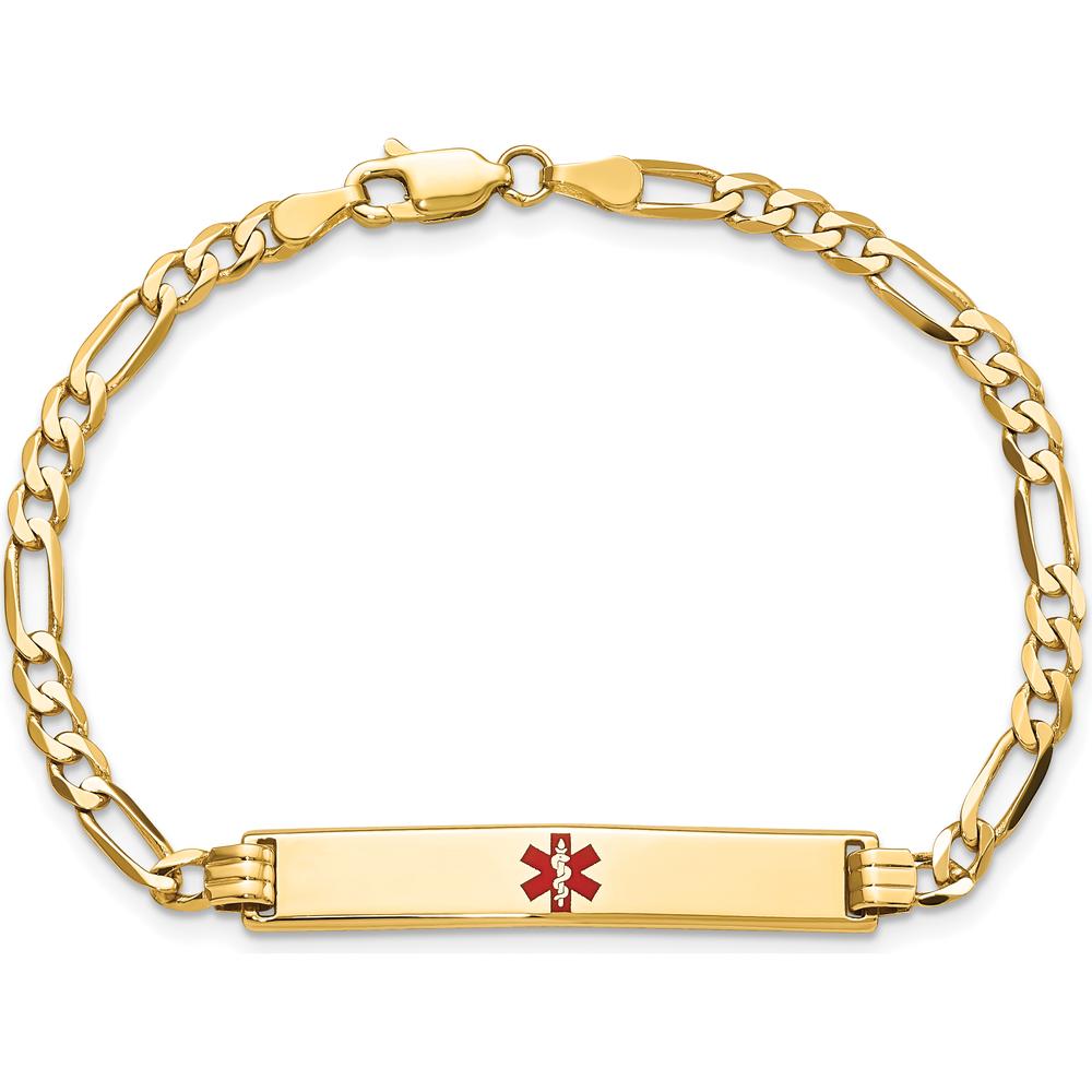 14K Yellow Gold Medical Alert Bracelet with Red Enamel Centered Charm and Figaro Chain - 8" Length by Oro Pregiato