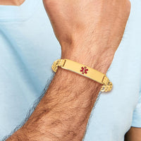 14K Yellow Gold Medical Alert Bracelet with Red Enamel Charm - 7" Curb Link Style by Oro Pregiato