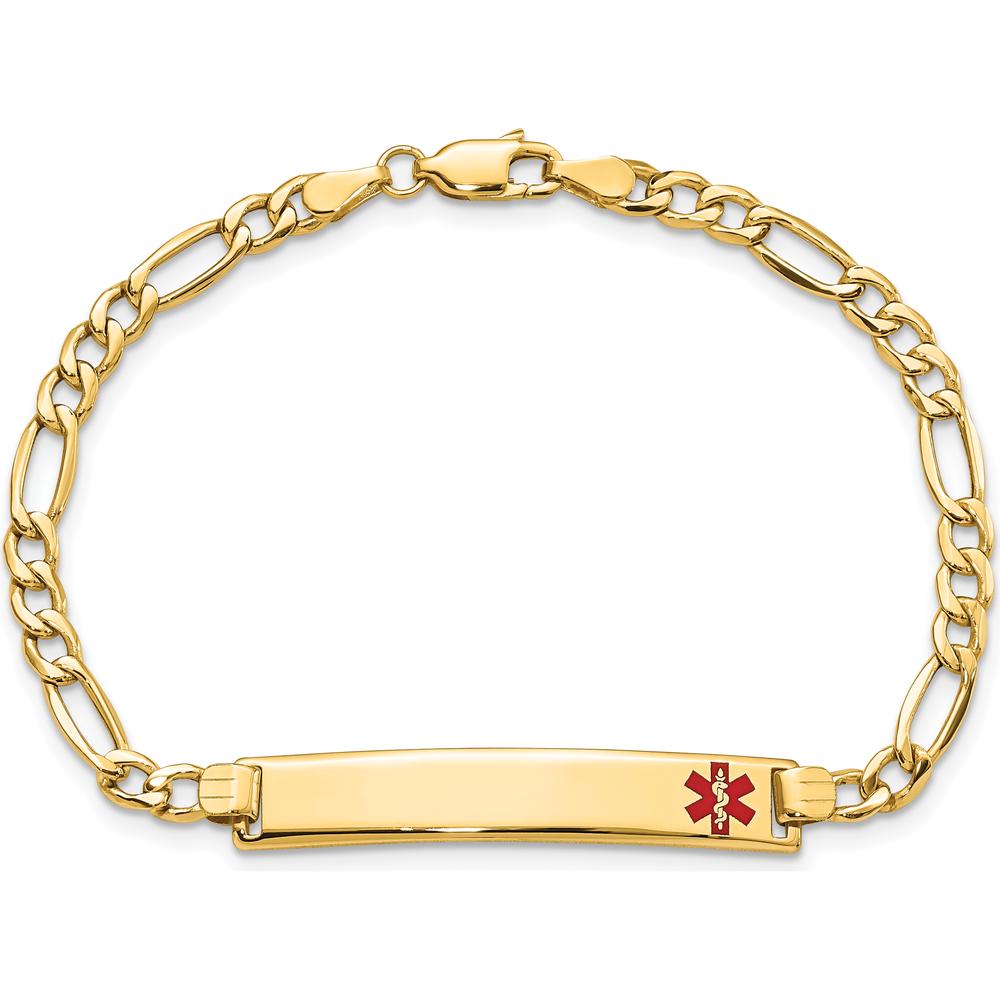 14K Yellow Gold Medical Alert Bracelet with Red Enamel Charm - 7" Figaro Chain by Oro Pregiato