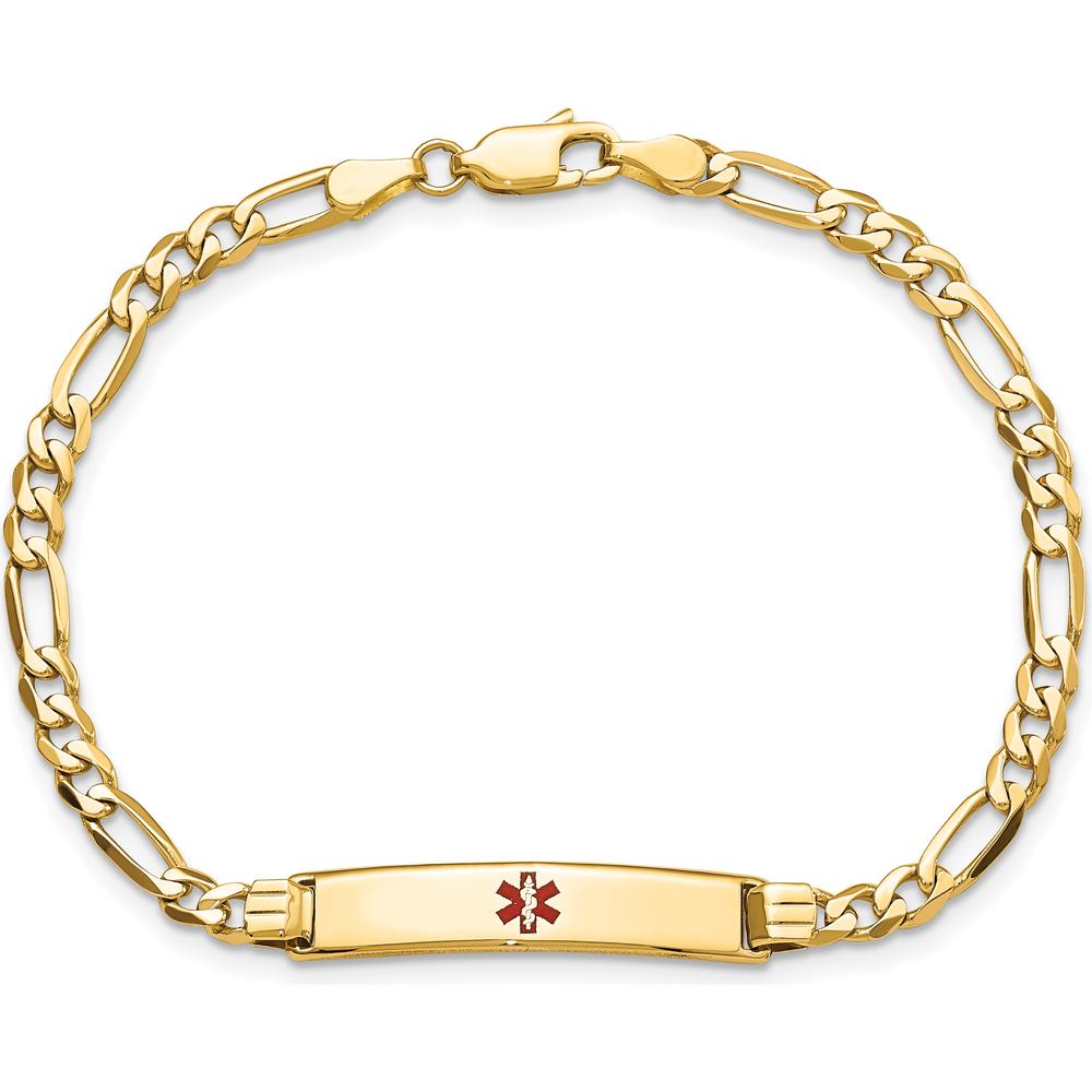 14K Yellow Gold Medical Alert Bracelet with Red Enamel Charm - 7" Figaro Link Chain by Oro Pregiato