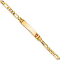 14K Yellow Gold Medical Alert Bracelet with Red Enamel Charm - 7" Figaro Link by Oro Pregiato