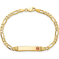 14K Yellow Gold Medical Alert Bracelet with Red Enamel Charm - 7" Figaro Link by Oro Pregiato
