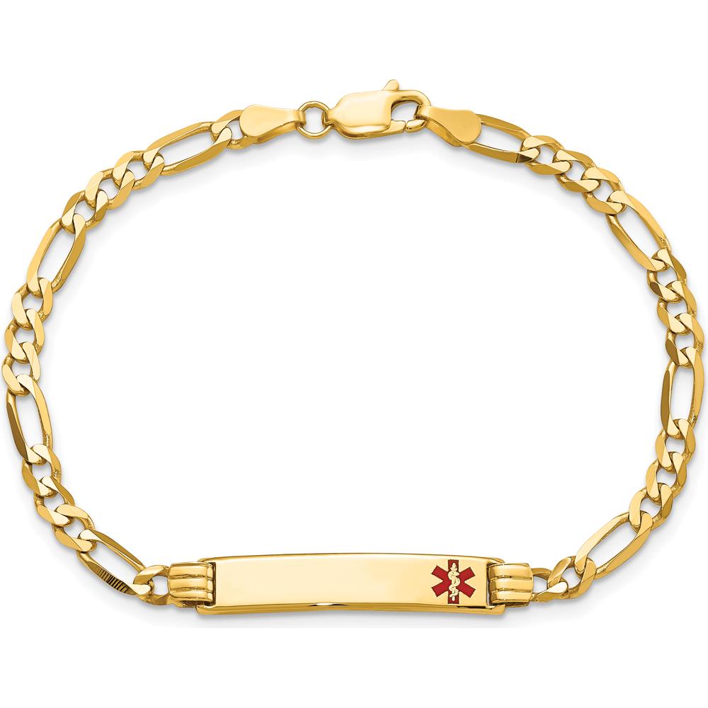 14K Yellow Gold Medical Alert Bracelet with Red Enamel Charm - 7" Figaro Link by Oro Pregiato