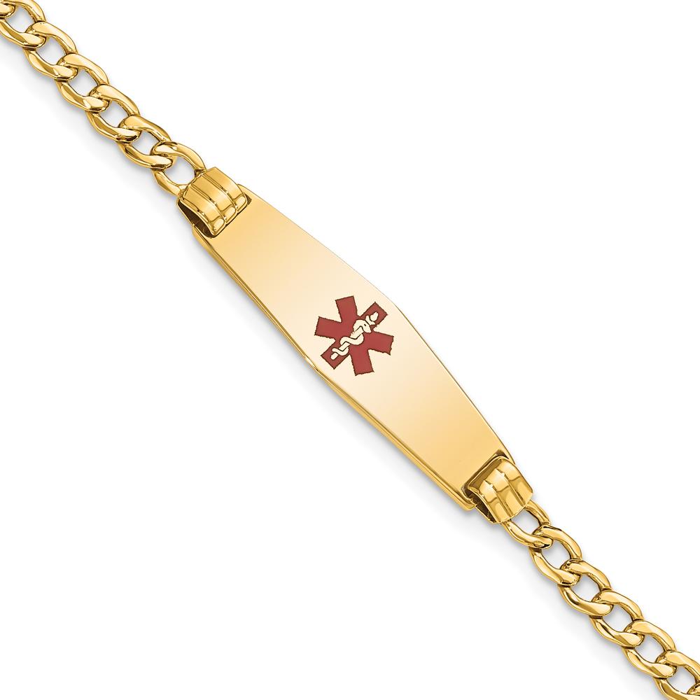 14K Yellow Gold Medical Alert Bracelet with Red Enamel Charm - 8" Cuban Link Design by Oro Pregiato