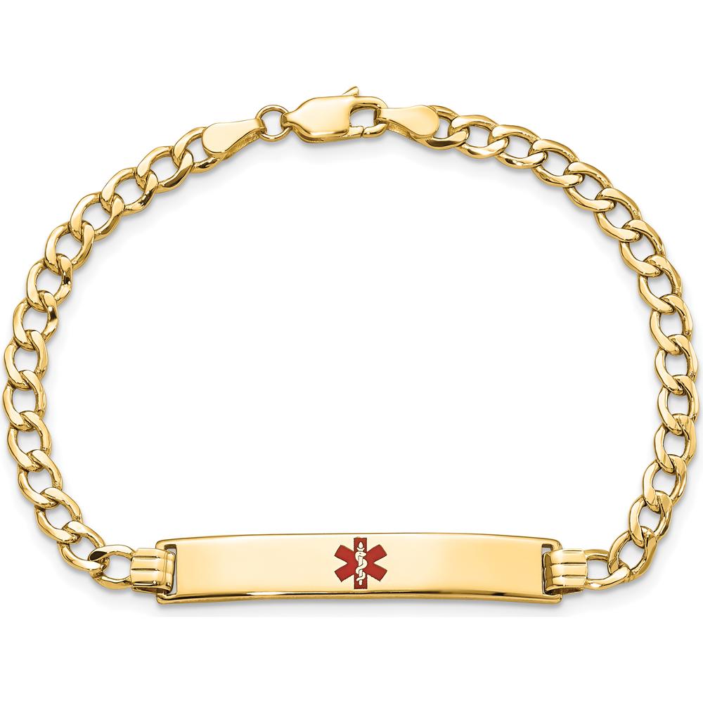 14K Yellow Gold Medical Alert Bracelet with Red Enamel Charm - 8" Curb Link by Oro Pregiato