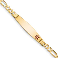 14K Yellow Gold Medical Alert Bracelet with Red Enamel Charm - 8" Figaro Link by Oro Pregiato
