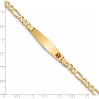 14K Yellow Gold Medical Alert Bracelet with Red Enamel Charm - 8" Figaro Link by Oro Pregiato