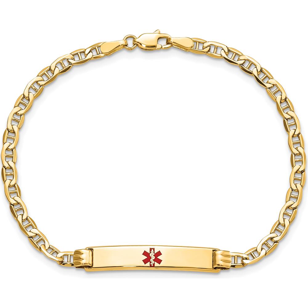 14K Yellow Gold Medical Alert Bracelet with Red Enamel Charm and Anchor Chain - 8" Length by Oro Pregiato