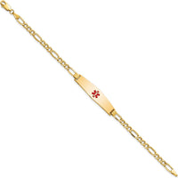 14K Yellow Gold Medical Alert Bracelet with Red Enamel Charm and Figaro Link - 7" Length by Oro Pregiato