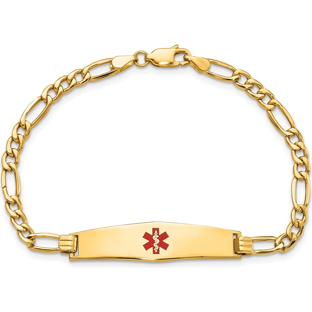 14K Yellow Gold Medical Alert Bracelet with Red Enamel Charm and Figaro Link - 7" Length by Oro Pregiato