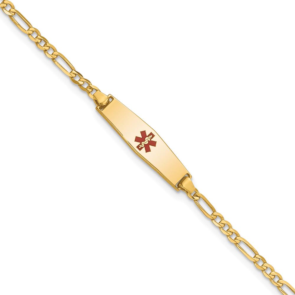 14K Yellow Gold Medical Alert Bracelet with Red Enamel Charm and Figaro Link Chain - 7" Length by Oro Pregiato