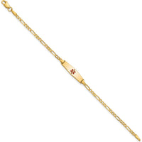 14K Yellow Gold Medical Alert Bracelet with Red Enamel Charm and Figaro Link Chain - 7" Length by Oro Pregiato