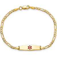 14K Yellow Gold Medical Alert Bracelet with Red Enamel Charm and Figaro Link Chain - 7" Length by Oro Pregiato