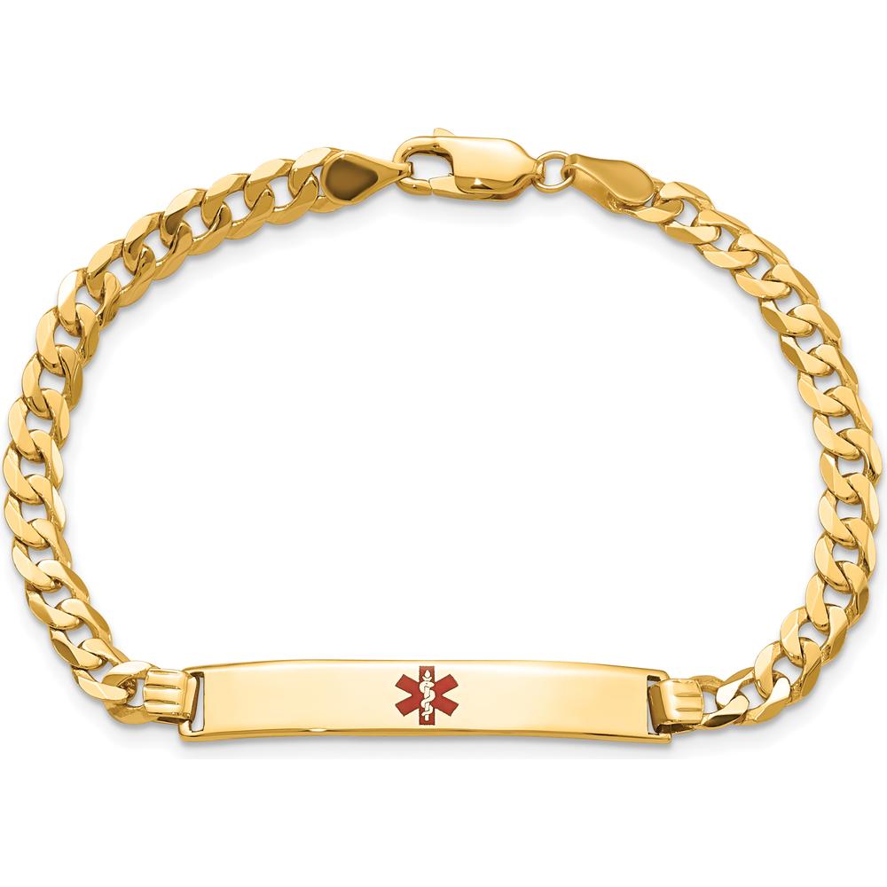 14K Yellow Gold Medical Alert Bracelet with Red Enamel Charm on Curb Link Chain - 7" Length by Oro Pregiato
