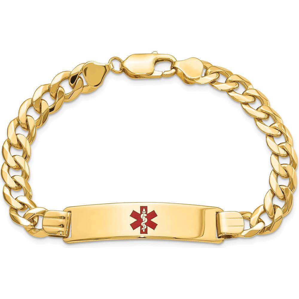 14K Yellow Gold Medical Alert Bracelet with Red Enamel Cross and Curb Link Chain - 8" Length by Oro Pregiato