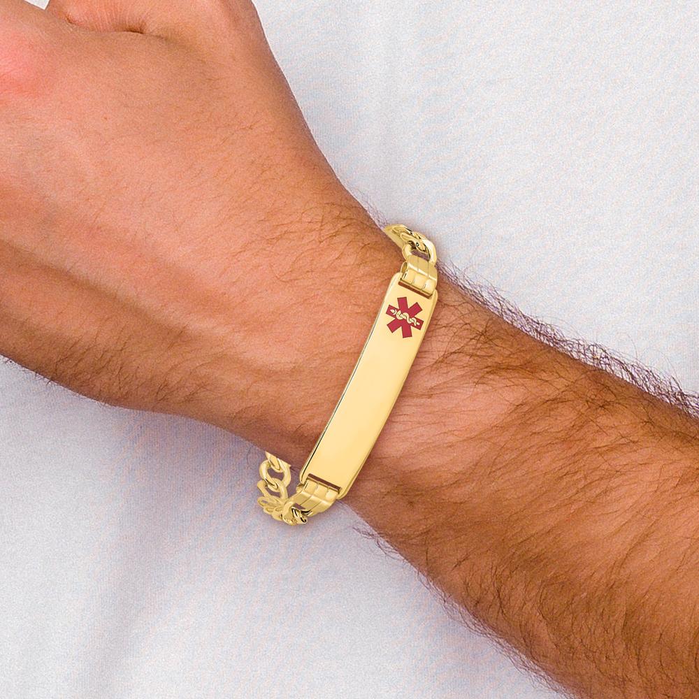 14K Yellow Gold Medical Alert Bracelet with Red Enamel Curb Chain - 7-inch Length by Oro Pregiato