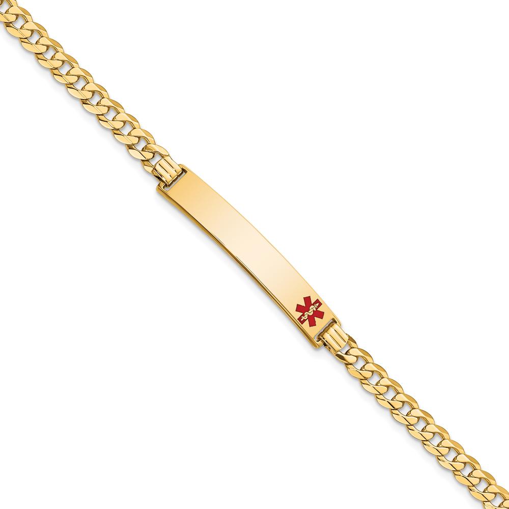 14K Yellow Gold Medical Alert Bracelet with Red Enamel Curb Link and Engraveable Solid Plate - 7" Length by Oro Pregiato