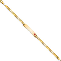 14K Yellow Gold Medical Alert Bracelet with Red Enamel Curb Link and Engraveable Solid Plate - 7" Length by Oro Pregiato