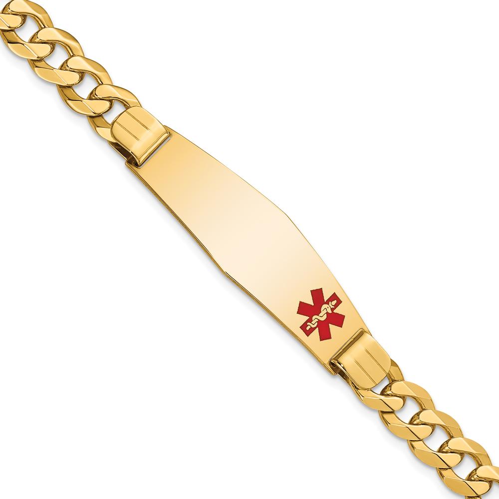 14K Yellow Gold Medical Alert Bracelet with Red Enamel Curb Link Chain and Engravable Charm by Oro Pregiato