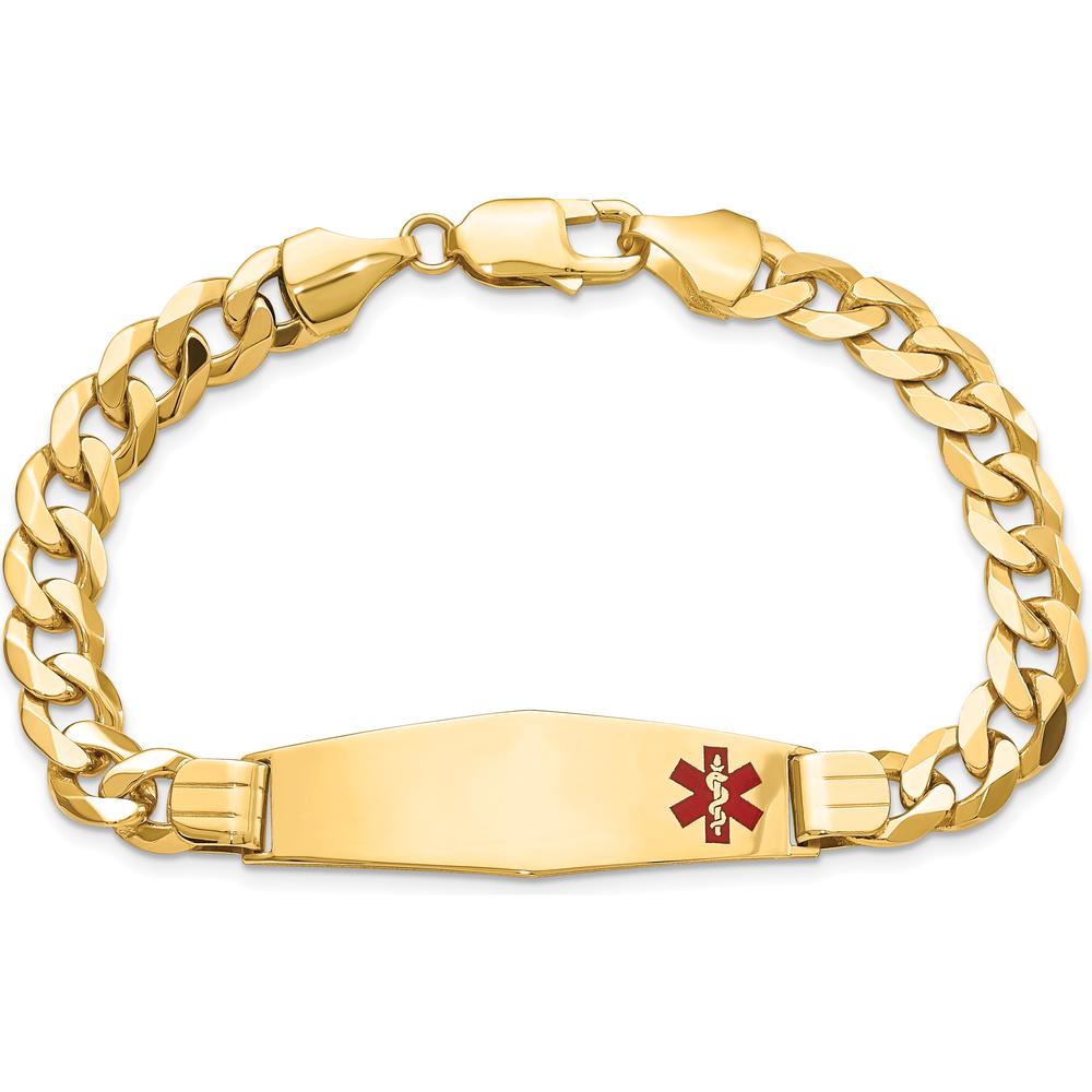 14K Yellow Gold Medical Alert Bracelet with Red Enamel Curb Link Chain and Engravable Charm by Oro Pregiato