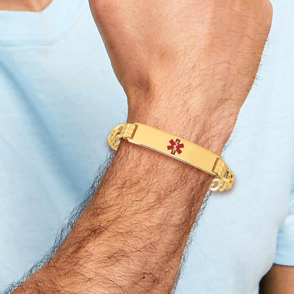 14K Yellow Gold Medical Alert Bracelet with Red Enamel Curb Link Design - 8" Length by Oro Pregiato