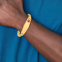 14K Yellow Gold Medical Alert Bracelet with Red Enamel Curb Link Design - 8" by Oro Pregiato