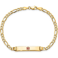 14K Yellow Gold Medical Alert Bracelet with Red Enamel Figaro Link - 7" Length by Oro Pregiato