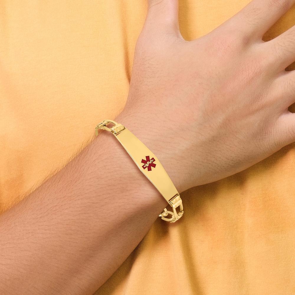 14K Yellow Gold Medical Alert Bracelet with Red Enamel Medical Charm - 8" Figaro Link by Oro Pregiato