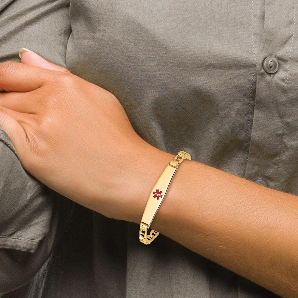 14K Yellow Gold Medical Alert Bracelet with Red Enamel Medical Symbol - 7" Length by Oro Pregiato