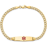 14K Yellow Gold Medical Alert Bracelet with Red Enamel Medical Symbol and Cuban Link Design - 7" Length by Oro Pregiato
