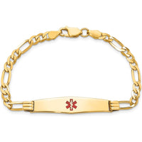 14K Yellow Gold Medical Alert Bracelet with Red Enamel Medical Symbol on Figaro Chain - 8" Length by Oro Pregiato