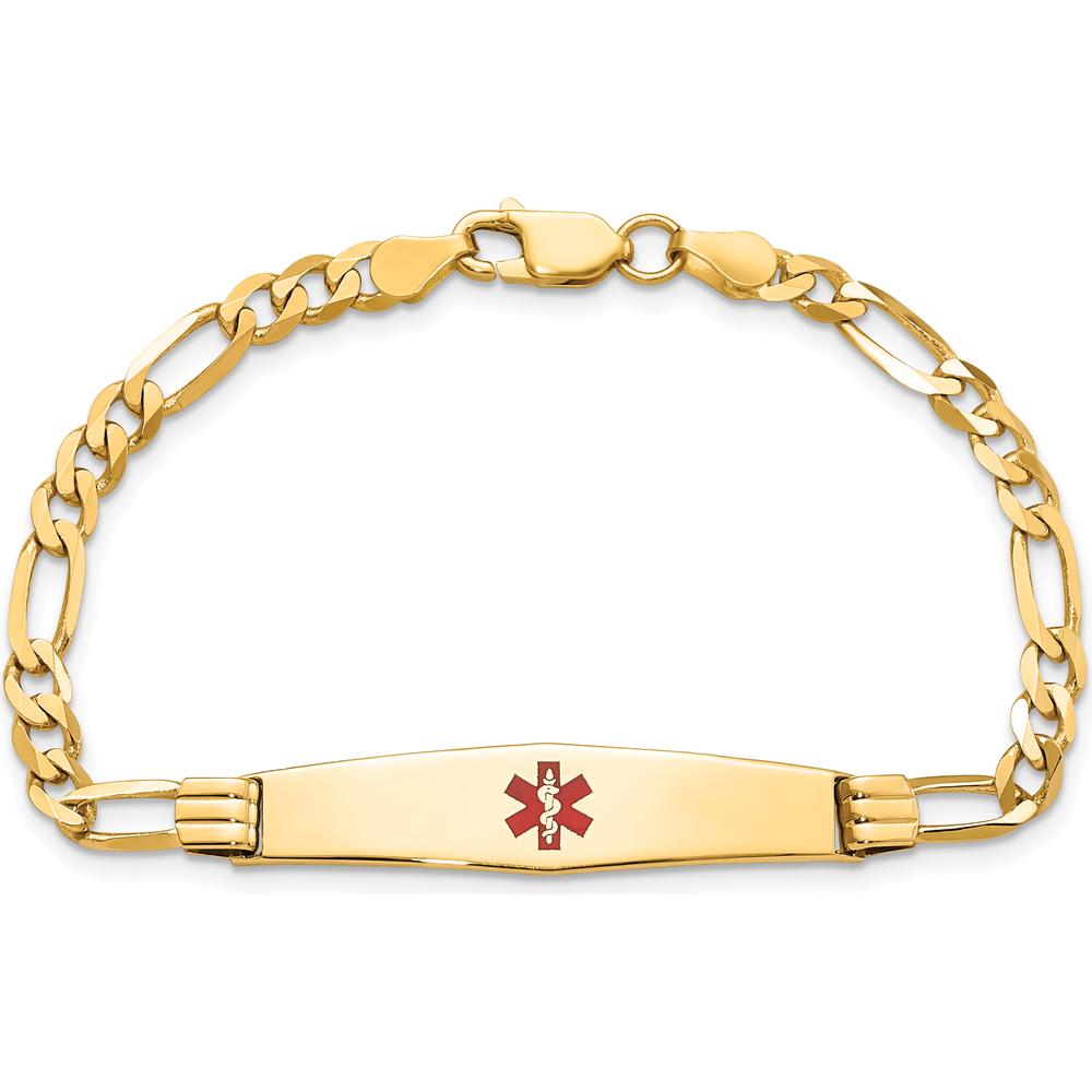 14K Yellow Gold Medical Alert Bracelet with Red Enamel Medical Symbol on Figaro Chain - 8" Length by Oro Pregiato