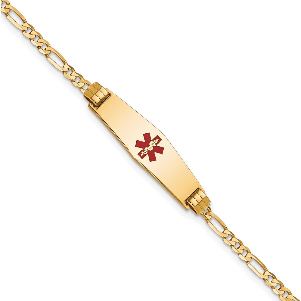 14K Yellow Gold Medical Alert Bracelet with Red Enamel Medical Symbol on Figaro Chain - 8" by Oro Pregiato