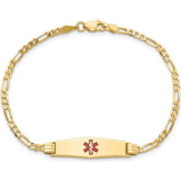 14K Yellow Gold Medical Alert Bracelet with Red Enamel Medical Symbol on Figaro Chain - 8" by Oro Pregiato