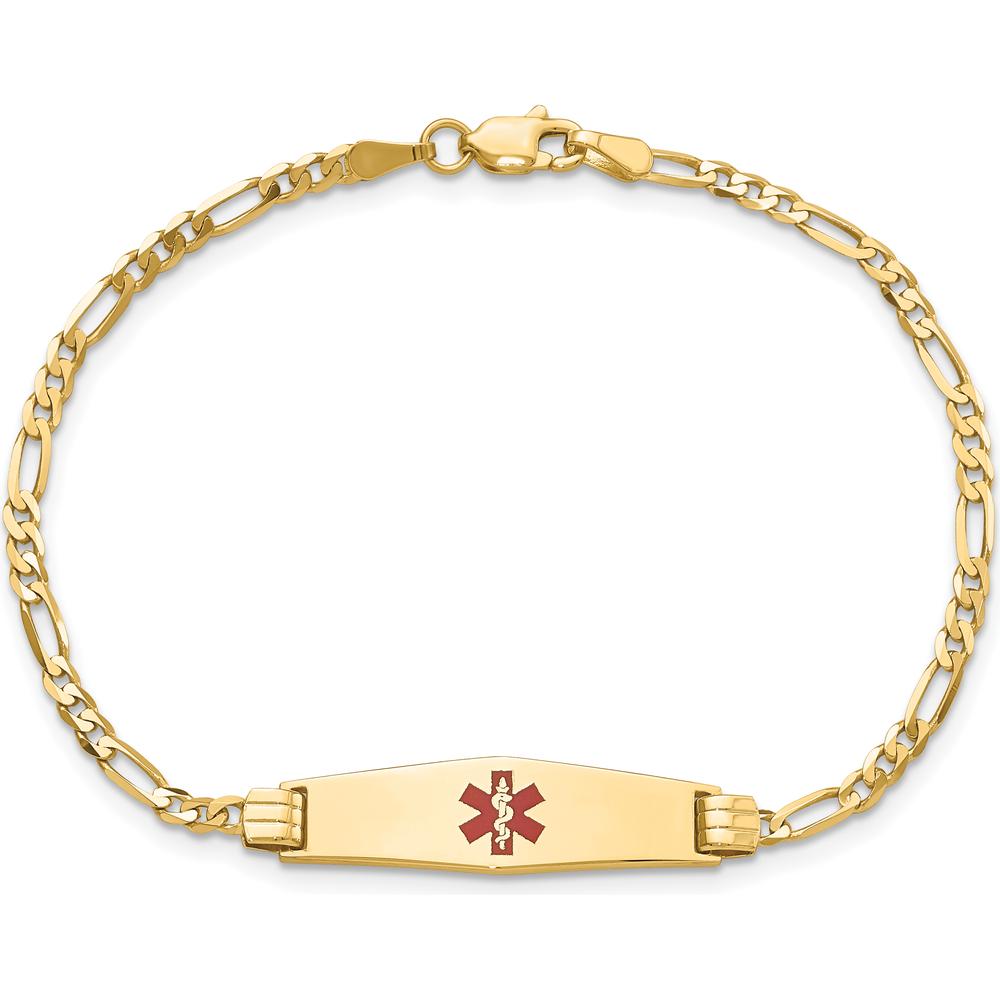 14K Yellow Gold Medical Alert Bracelet with Red Enamel Medical Symbol on Figaro Chain - 8" by Oro Pregiato
