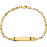 14K Yellow Gold Medical Alert Bracelet with Red Enamel Medical Symbol on Figaro Link Chain - 8" Length by Oro Pregiato